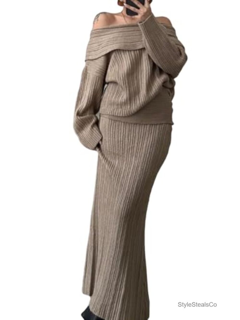 Off Shoulder Cable Knit Sweater Maxi Skirt 2 Piece Set Women